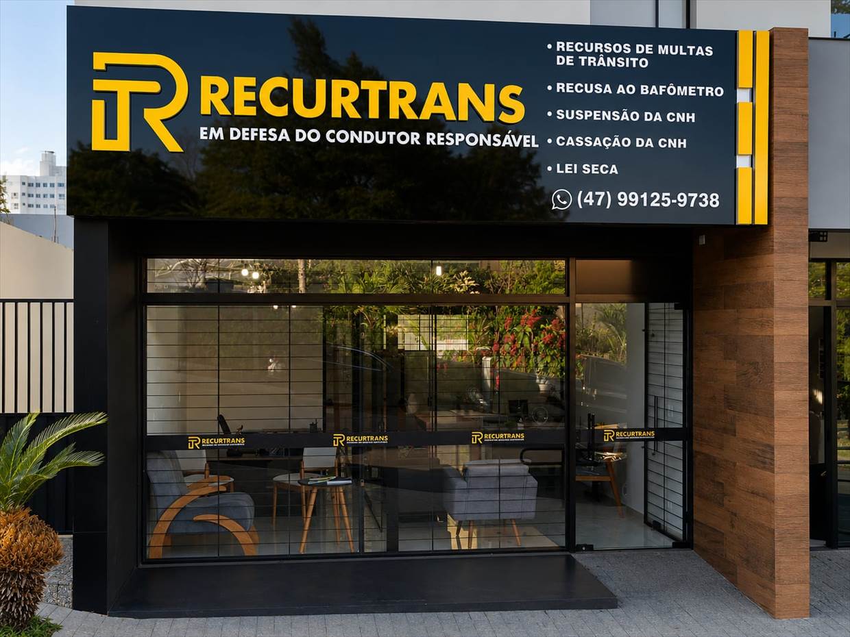 Fachada do escritório da Recurtrans em Mafra, Santa Catarina, com letreiro iluminado.